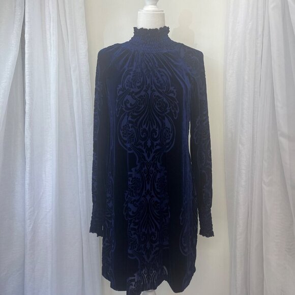 Alexa Admor Blue Velvet Burn Out Pattern Dress Long Sleeve High Neck Size Large - Picture 7 of 9